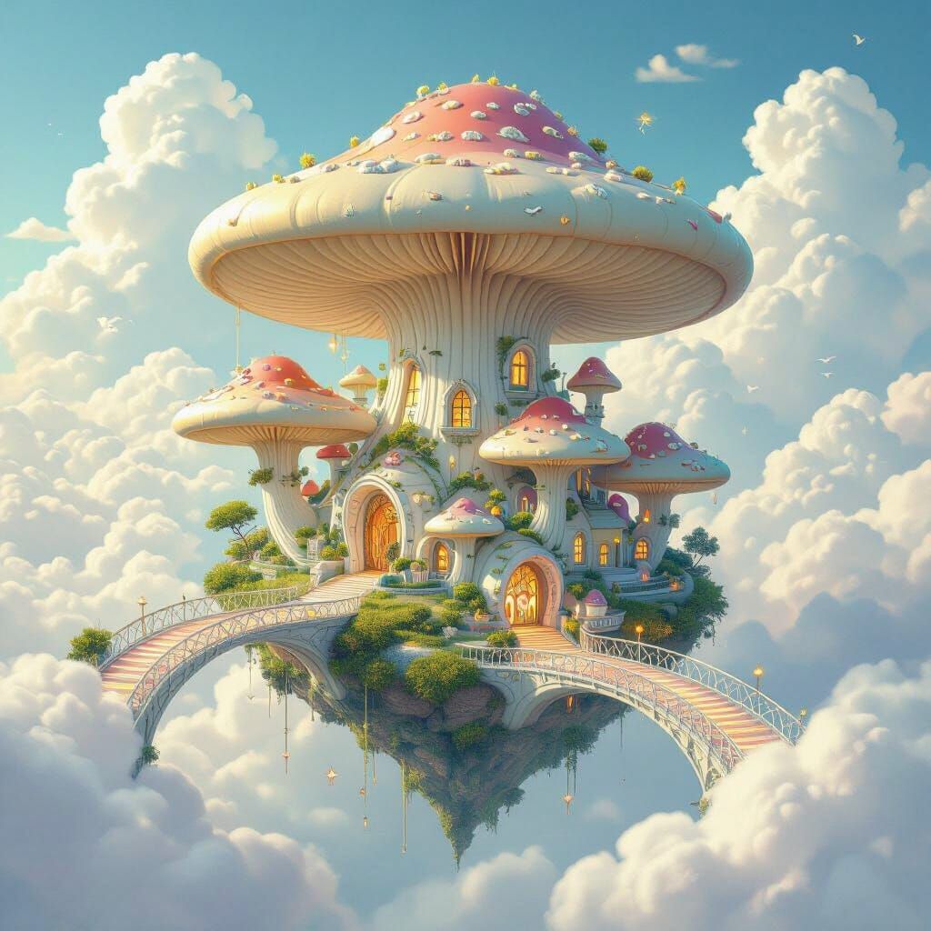 Mushroom City in the Clouds: Art Nouveau Fantasy