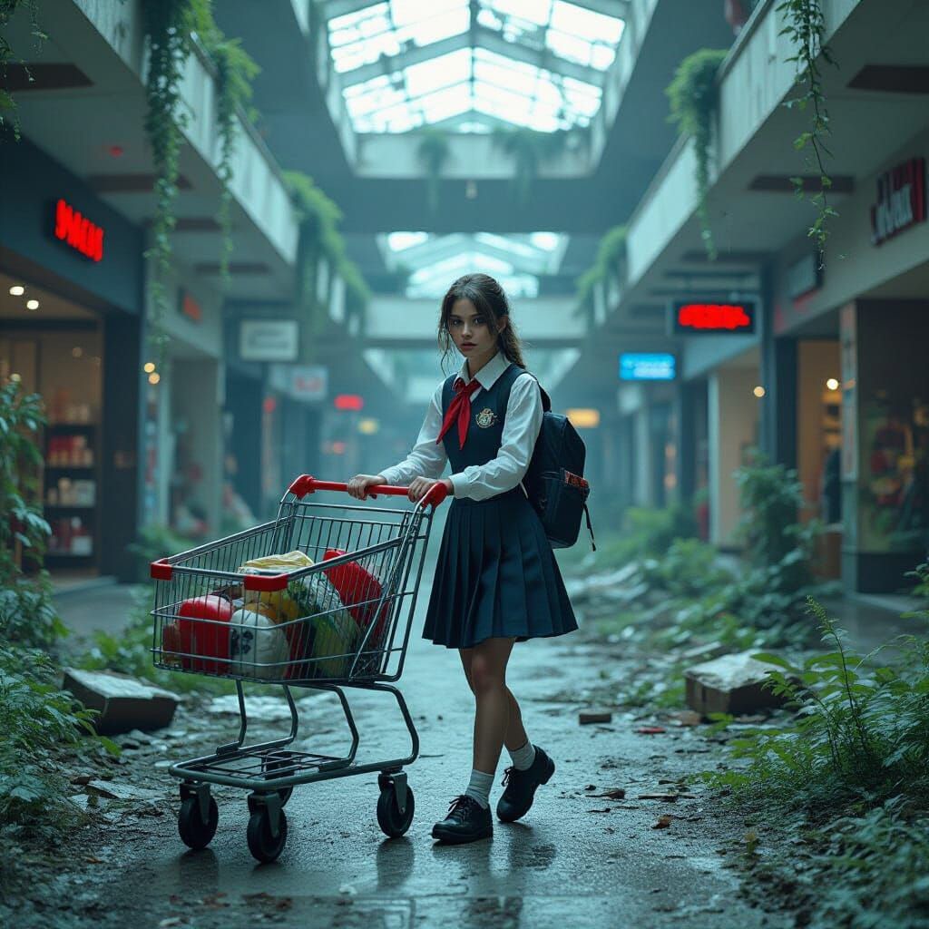 Post-Apocalyptic Mall Scavenger in Cinematic Style