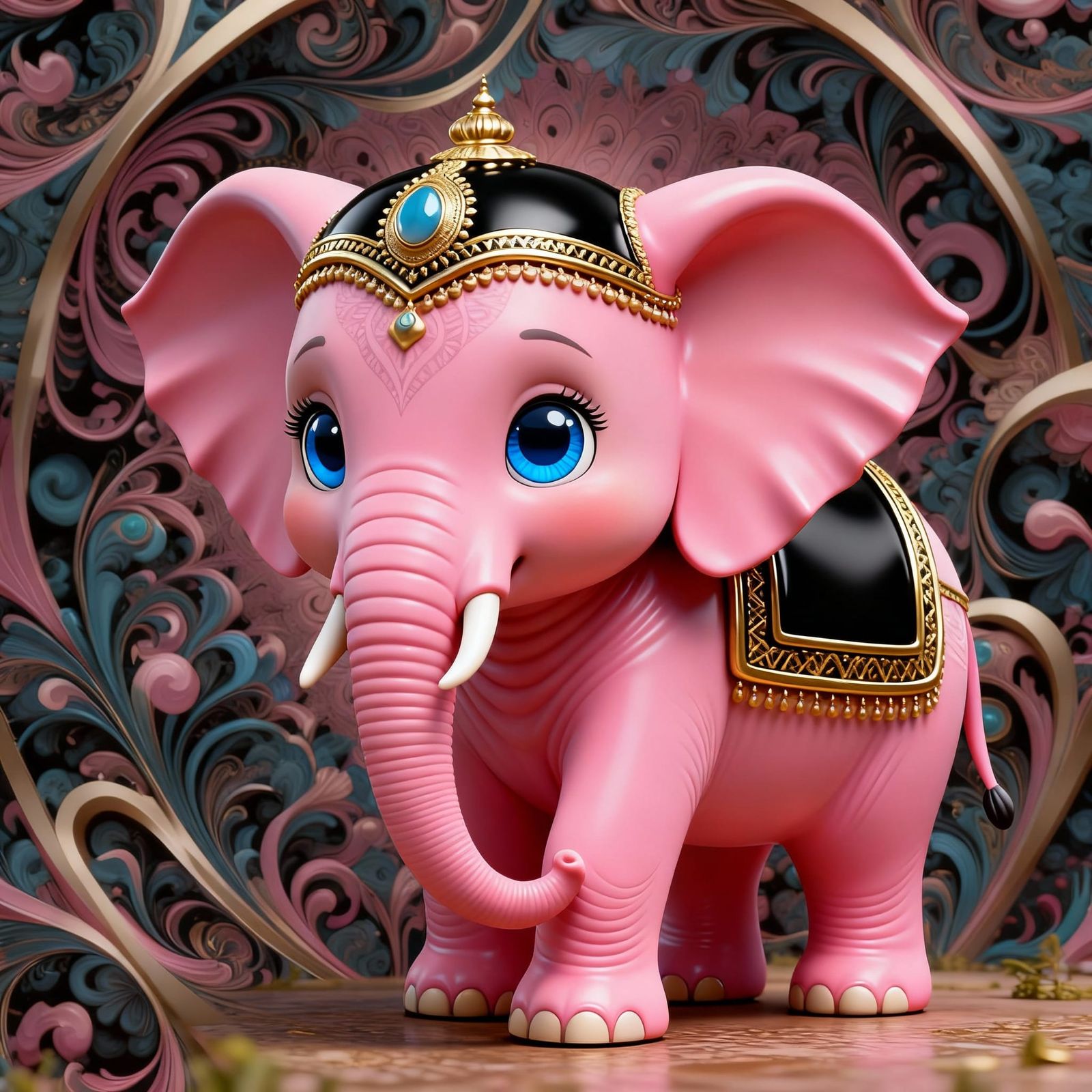 Pink Elephant with Ornate Saddle in Abstract Fractal Style