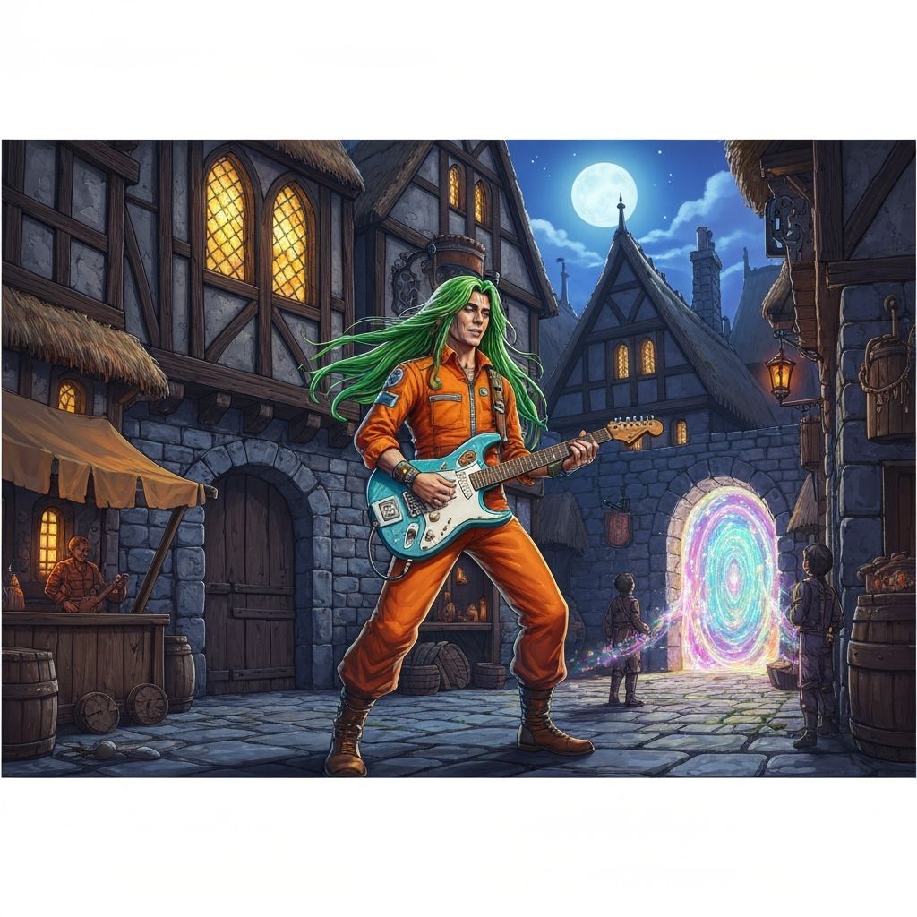 Solarpunk Minstrel Plays Cyberpunk Guitar in Medieval Market