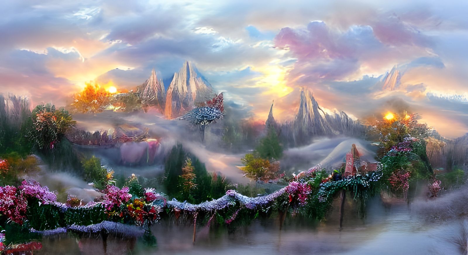 Sunrise in Whimsical Fairy Wonderland, Ethereal Fantasy