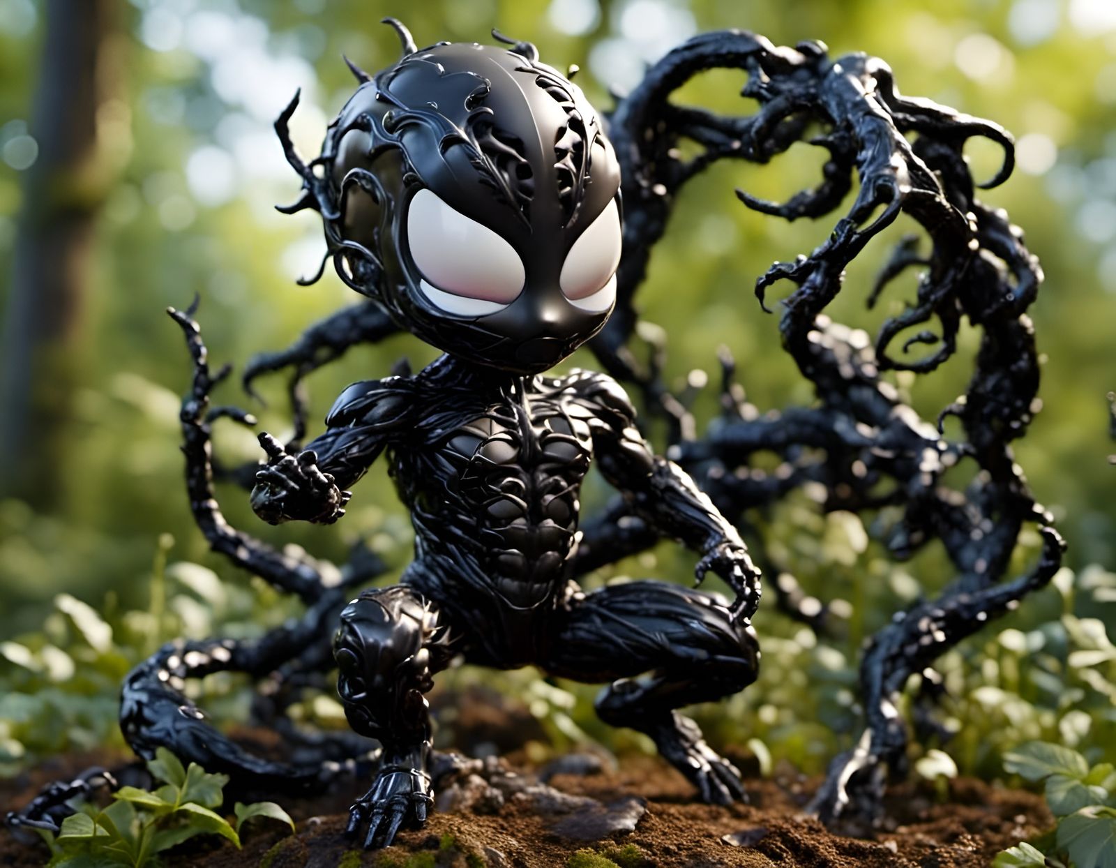 Chibi Venom Sculpture in Forest, 3D Render