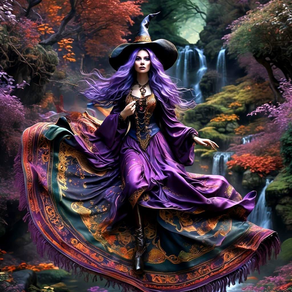 Surreal Purple Witch on Magic Carpet