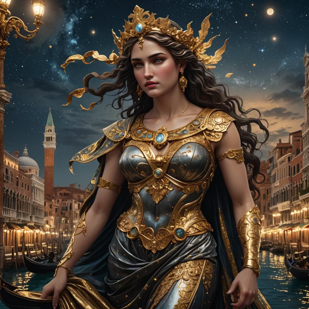 Aphrodite in Venice: Hyperrealistic Black and Golden Goddess