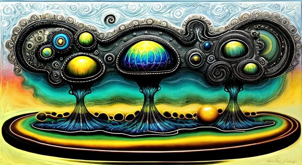 Psychedelic Surreal Landscape with Rainbow Moon
