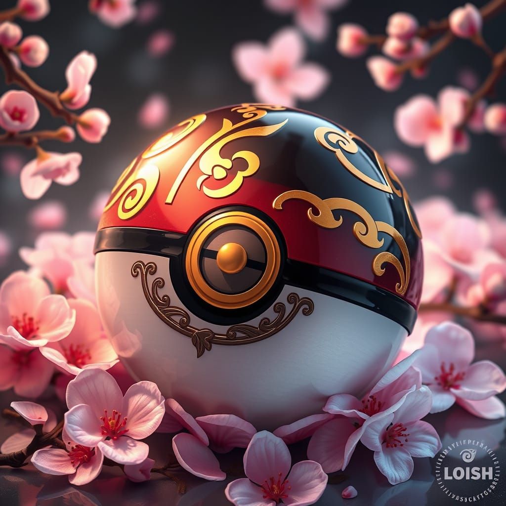 Ornate Pokeball with Cherry Blossoms, Art Nouveau Style