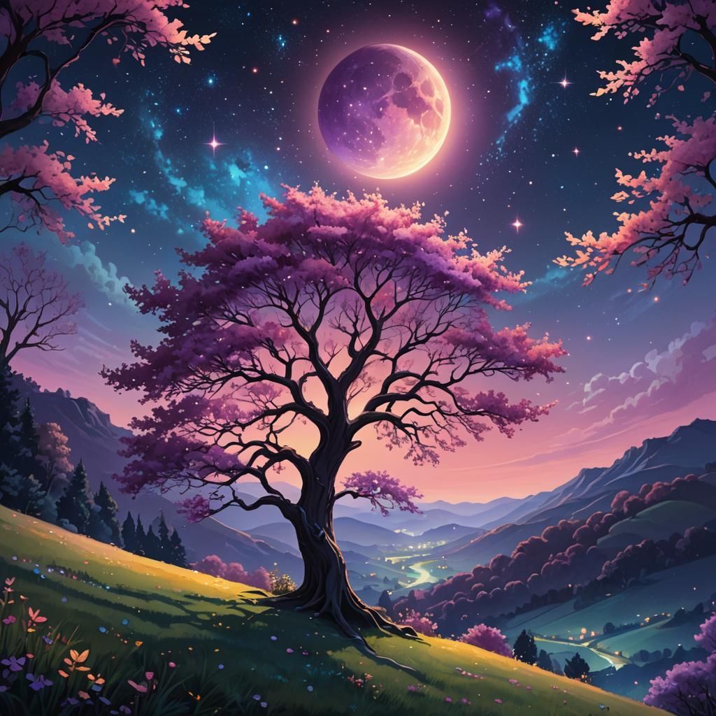 Glowing Tree Under Starry Sky in Cel-Shaded Style
