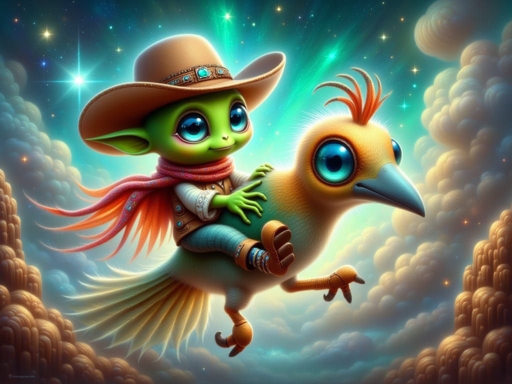Cute Alien Rides Cosmic Bird in Whimsical Adventure