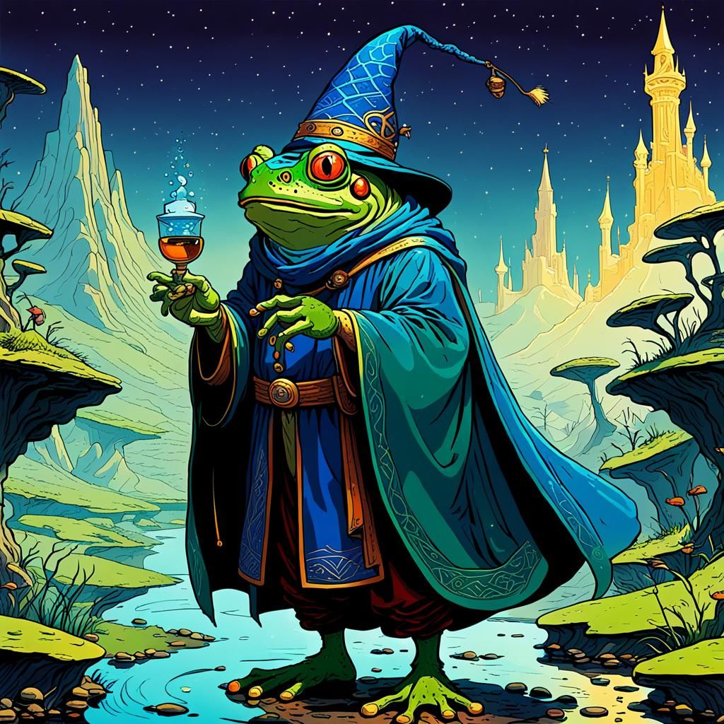 Ethereal Quest for the Frog Wizard Monarch in Moebius Style