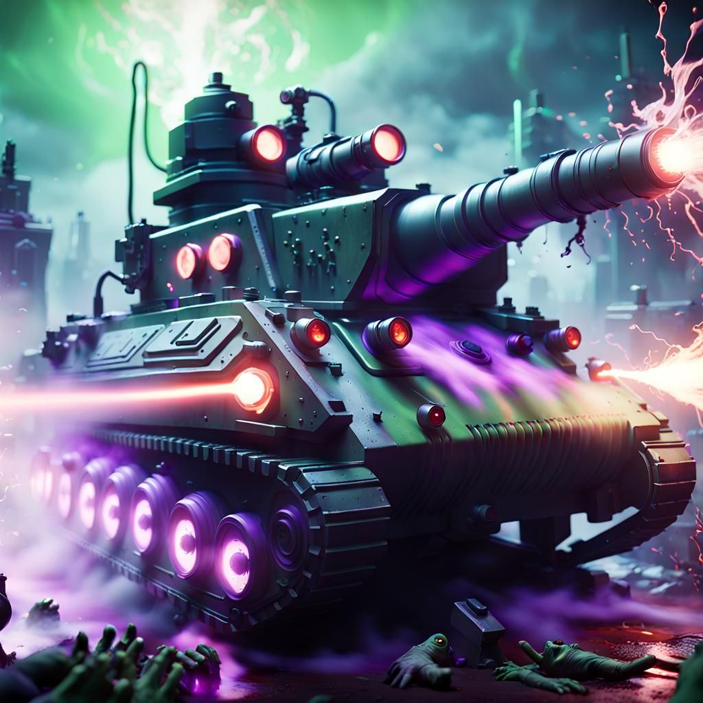 Ghostbusters Tank Crushing Zombies in Graveyard: 3D Graphics