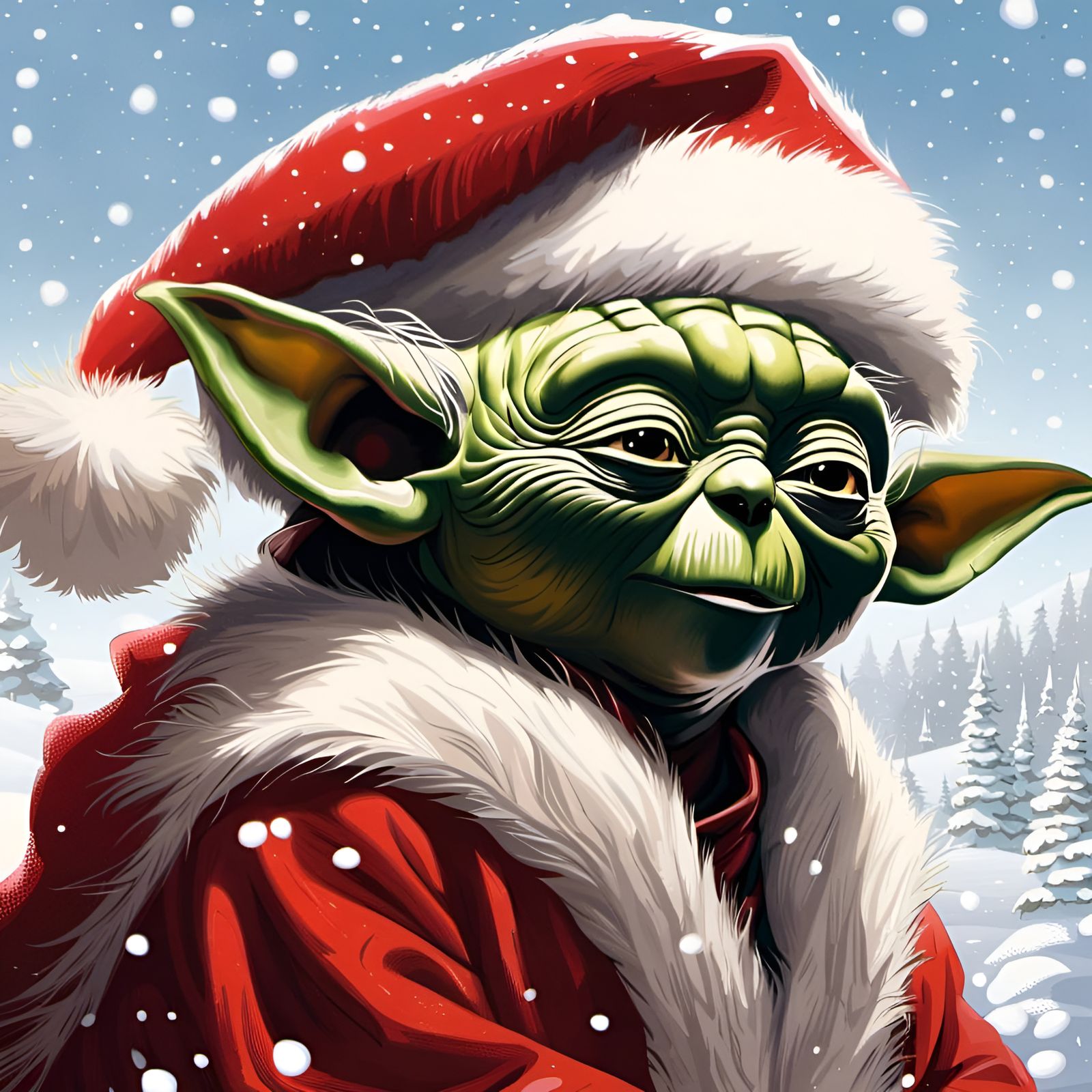 Yoda as Santa Claus Portrait in Snow