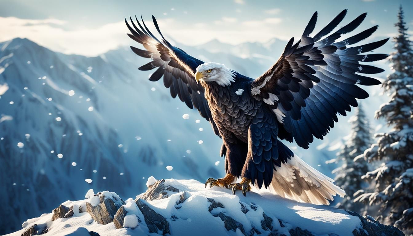 Majestic Sabre-Toothed Eagle Hybrid on Snowy Peak
