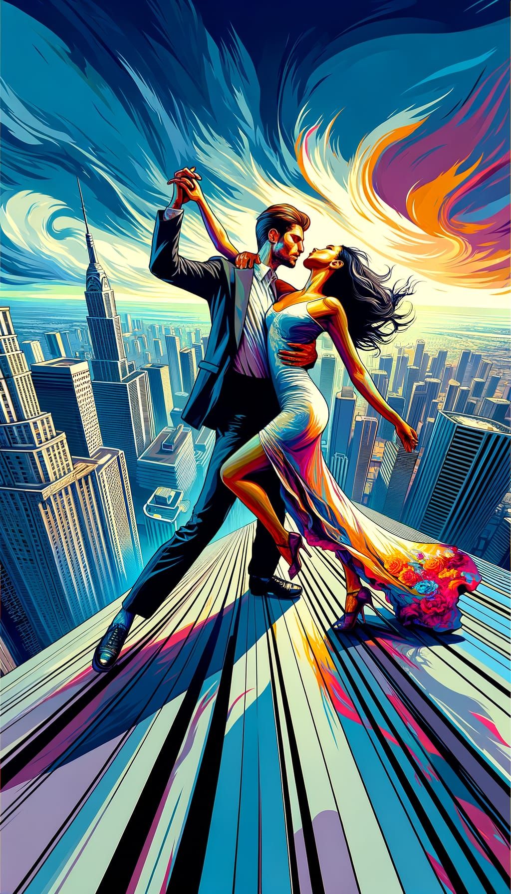 Passionate Couple Dancing Atop Skyscraper: Surreal Impressio...