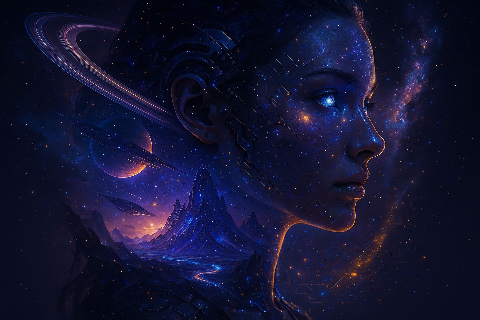 Cybernetic Woman with Interstellar Double Exposure