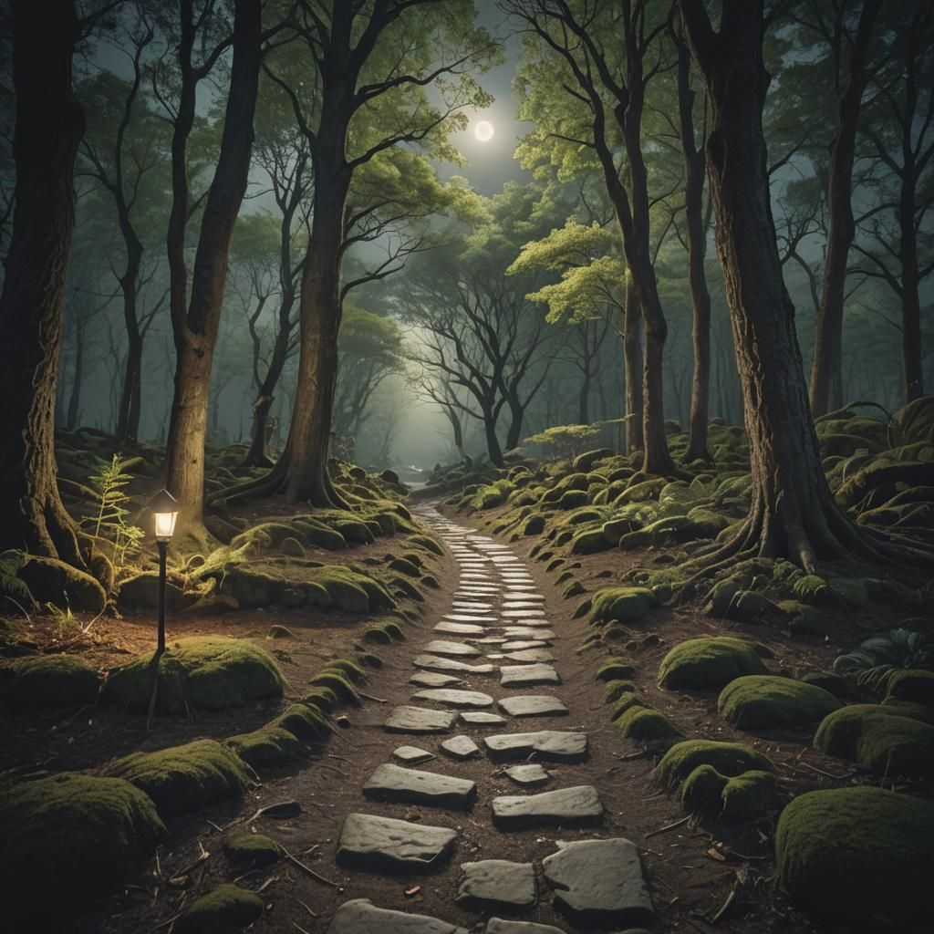 Enchanted Forest Path Under Moonlight: Cinematic Still