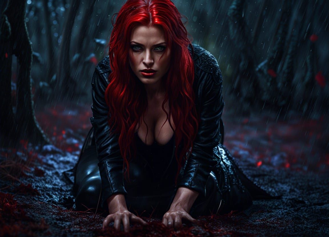 Redhead Vampire in Forest During Heavy Rainfall