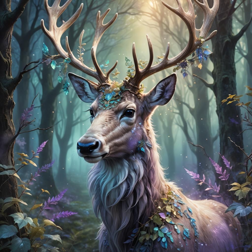 Ethereal Fantasy Reindeer in Enchanted Forest