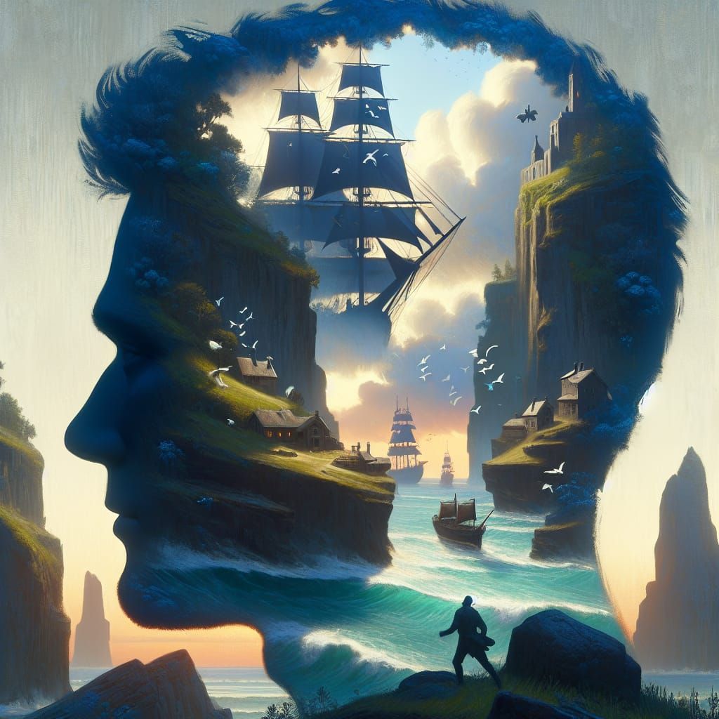 Fantastical 1800s Scene Inside Man's Head Silhouette