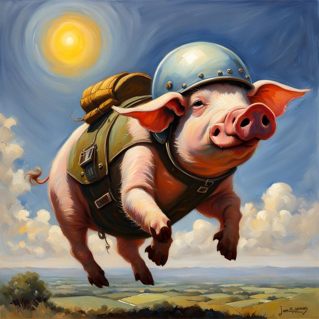 Flying Pig with Helmet in Oil Painting Style