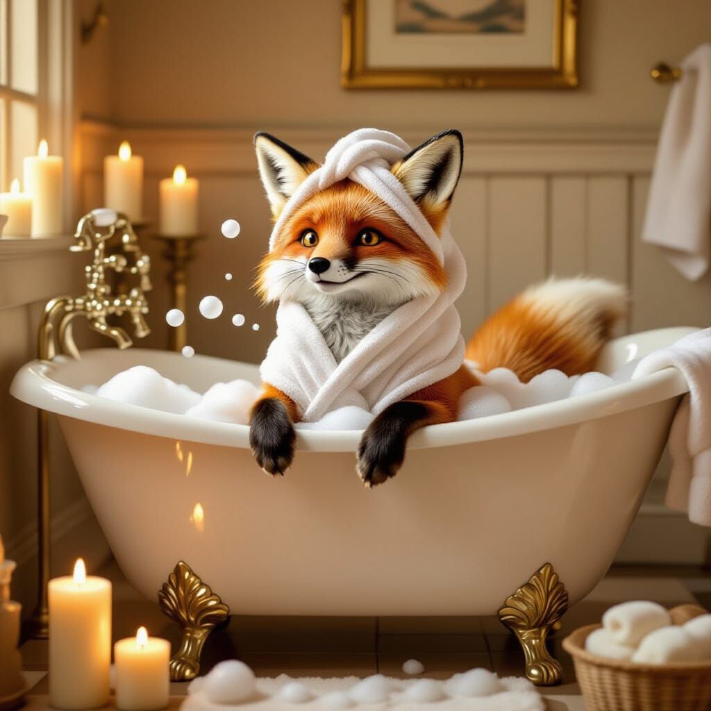 Fox in Tub: Whimsical Illustration