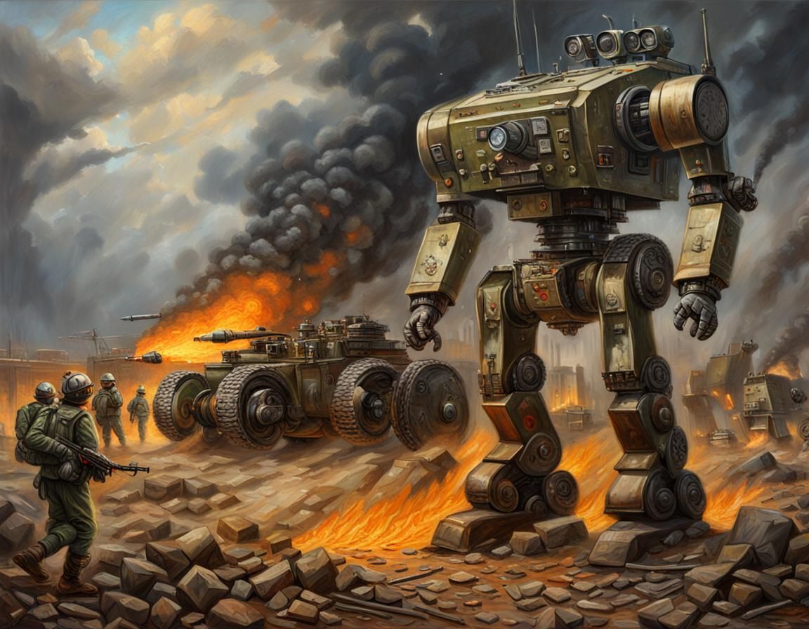 Military Robot Army Faces Storm: Oil Painting