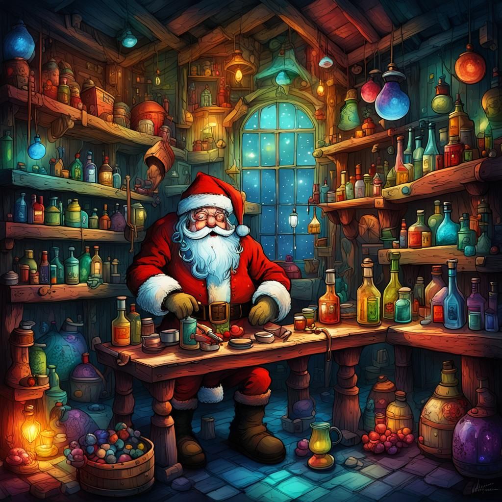 Santa's Workshop in Alcohol Ink Splash-Art Style