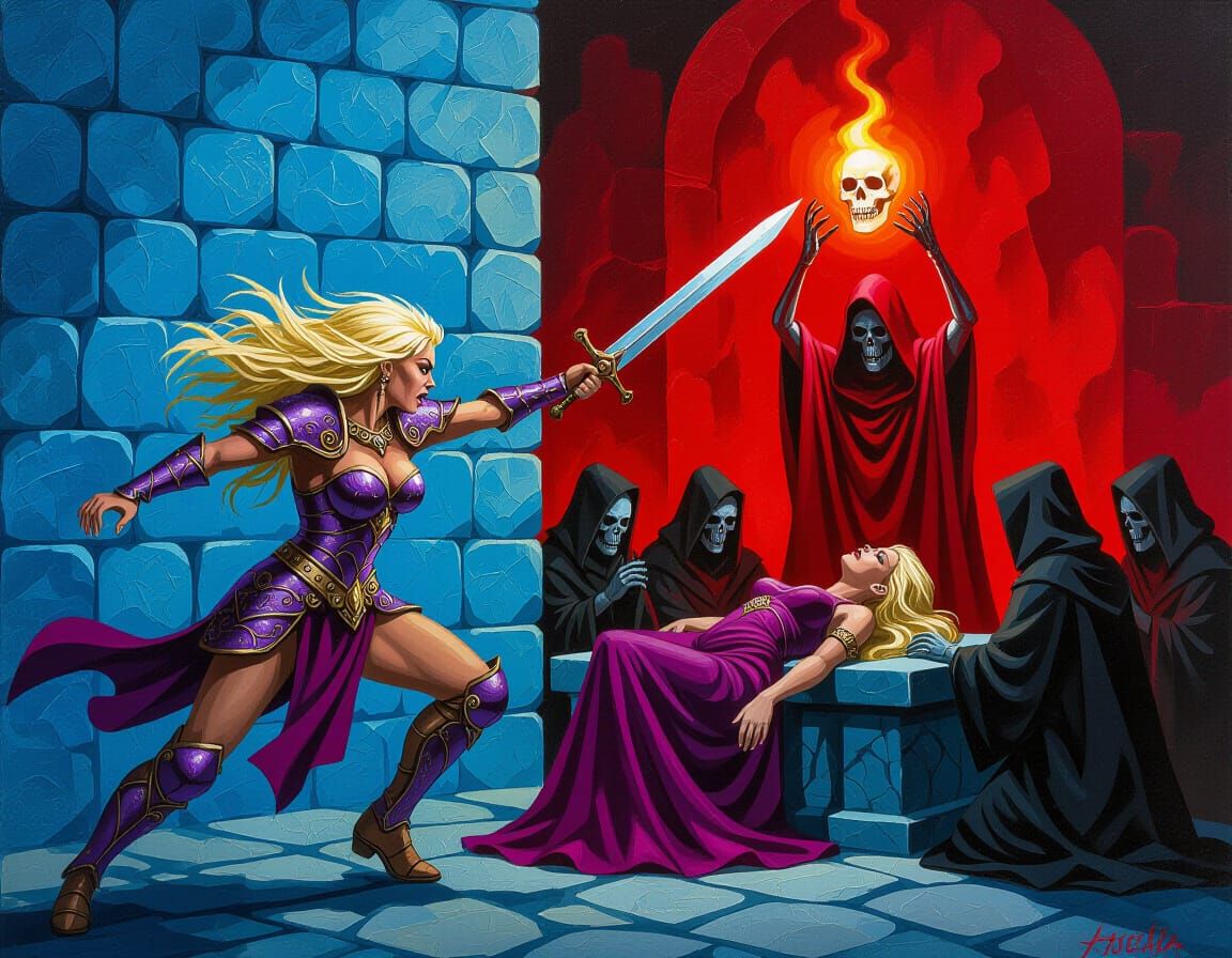 Warrior Disrupts Sinister Ritual as Impasto Gouache Painting