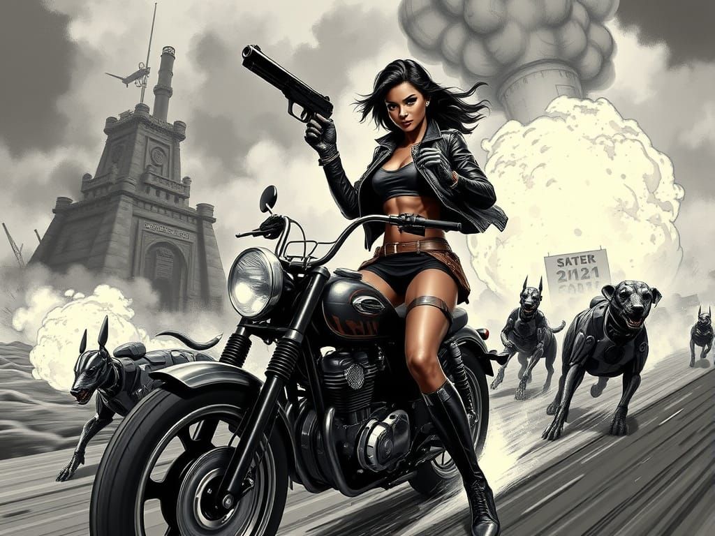 Warrior Escapes Base with Robot Dogs in Film Noir