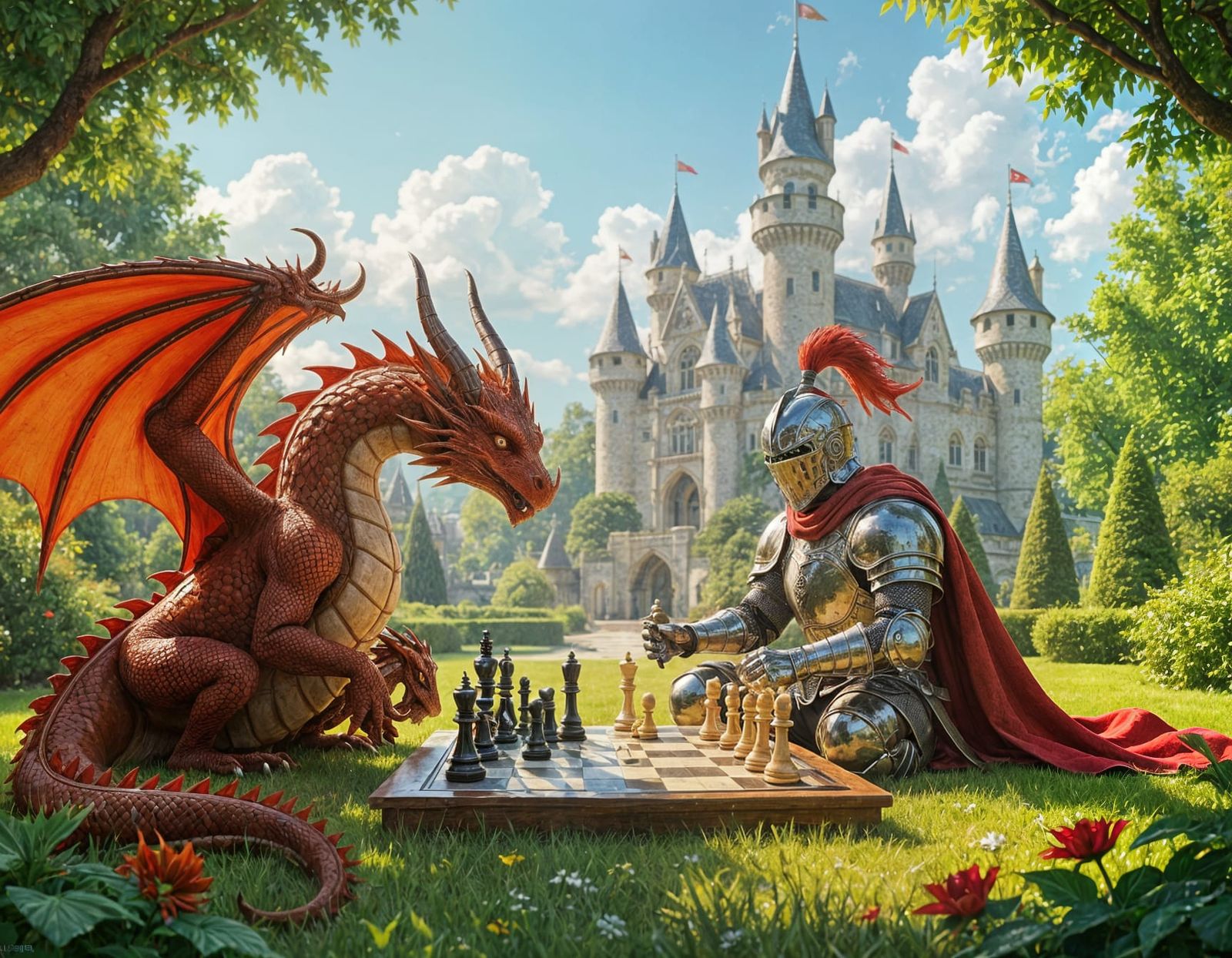 Dragon Knight Chess Match in Sunlit Garden