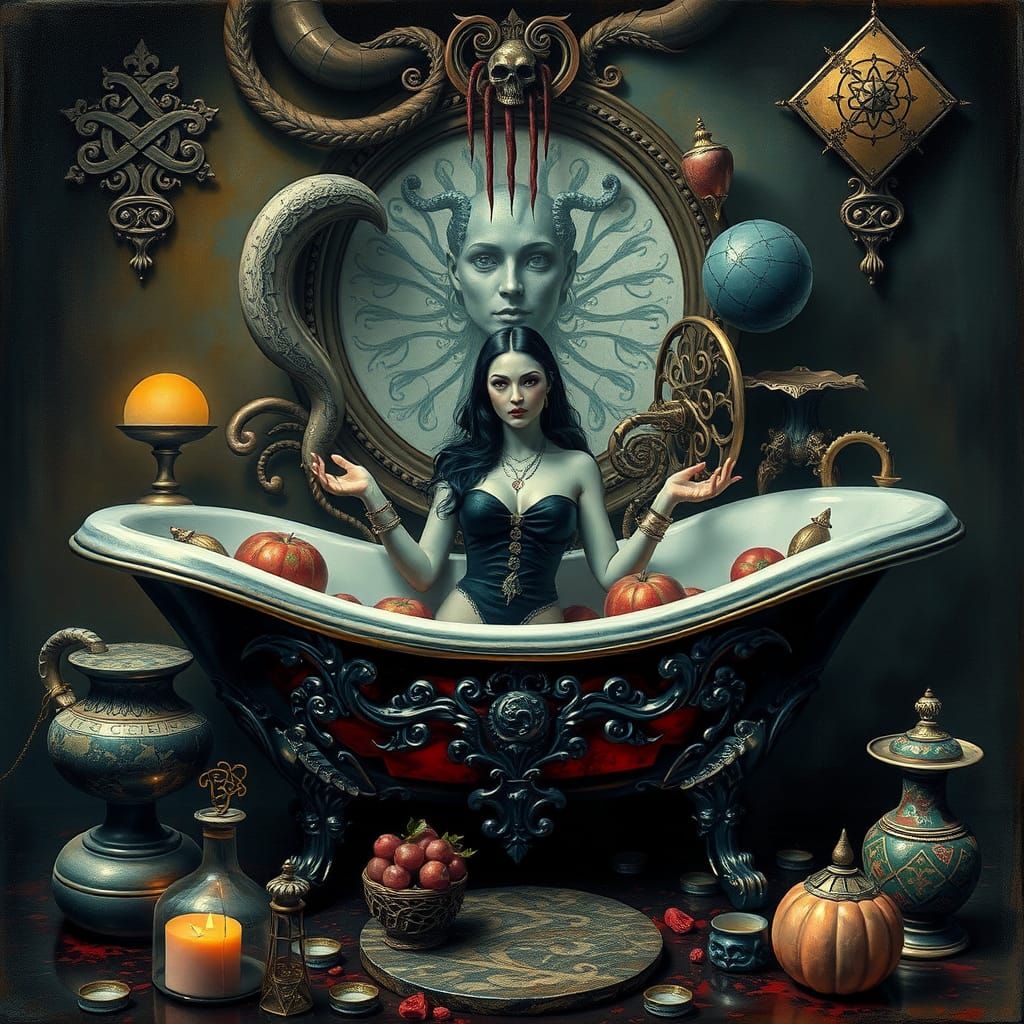 Morticia Addams Bathtub in Surreal Art Deco Style