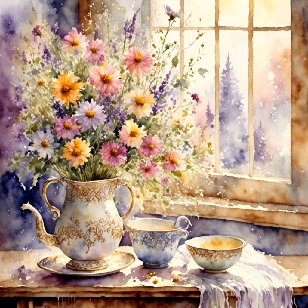 Impressionist Watercolor: Nursery Still Life with Ceramic Pi...