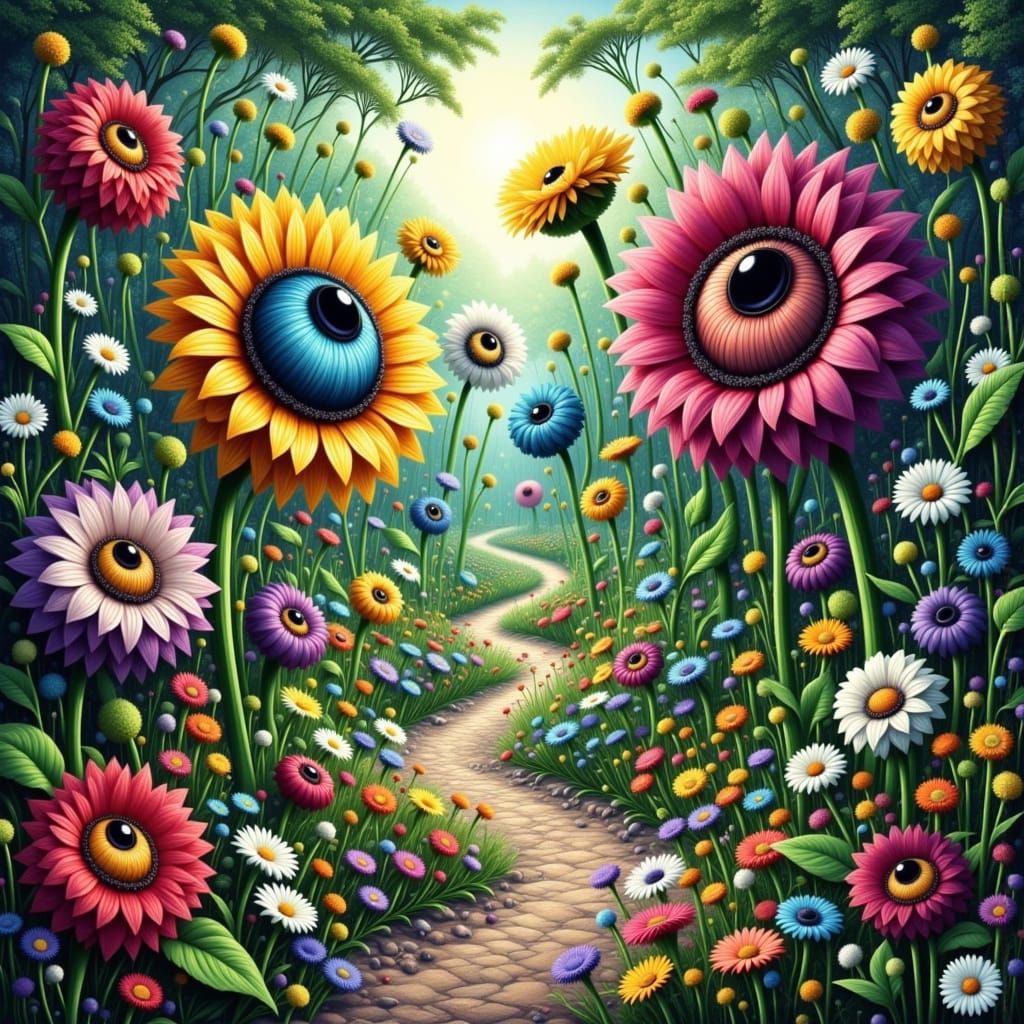 Whimsical Garden with One-Eyed Flowers and Unicorn-Dragon