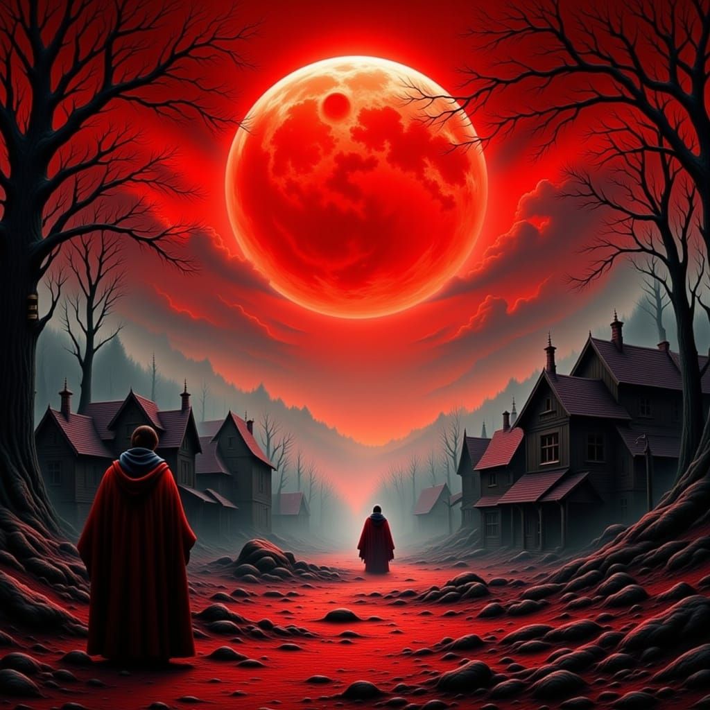 Fiery Village Under Red Dawn Sky
