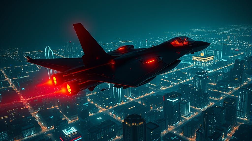 Cyberpunk Cityscape Unveils Stealthy Red Raven Fighter