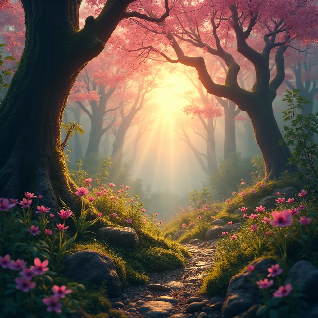 Vibrant Spring Dawn Unfolds in a Mystical Forest
