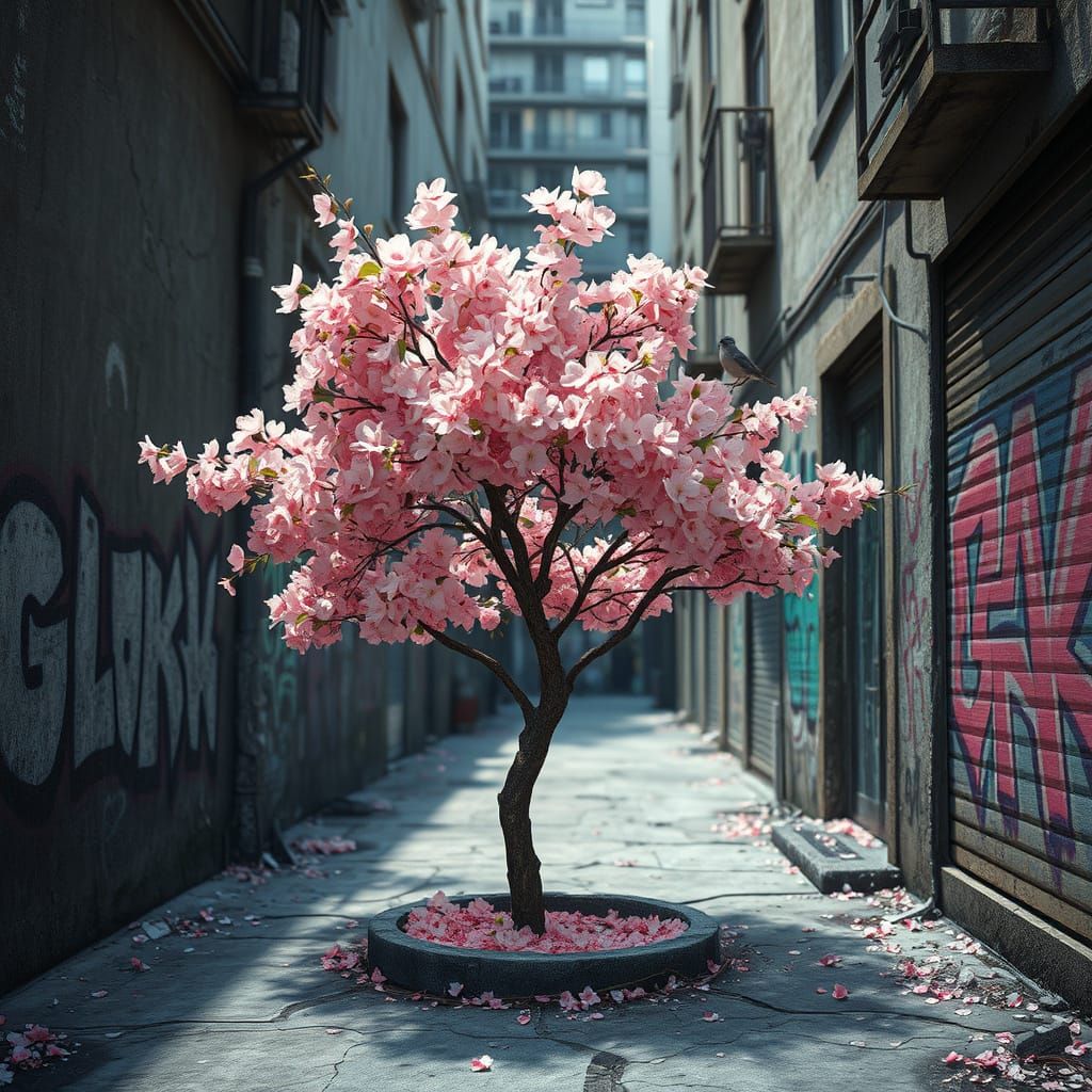 Vibrant Cherry Blossom Tree Thrives in Urban Decay