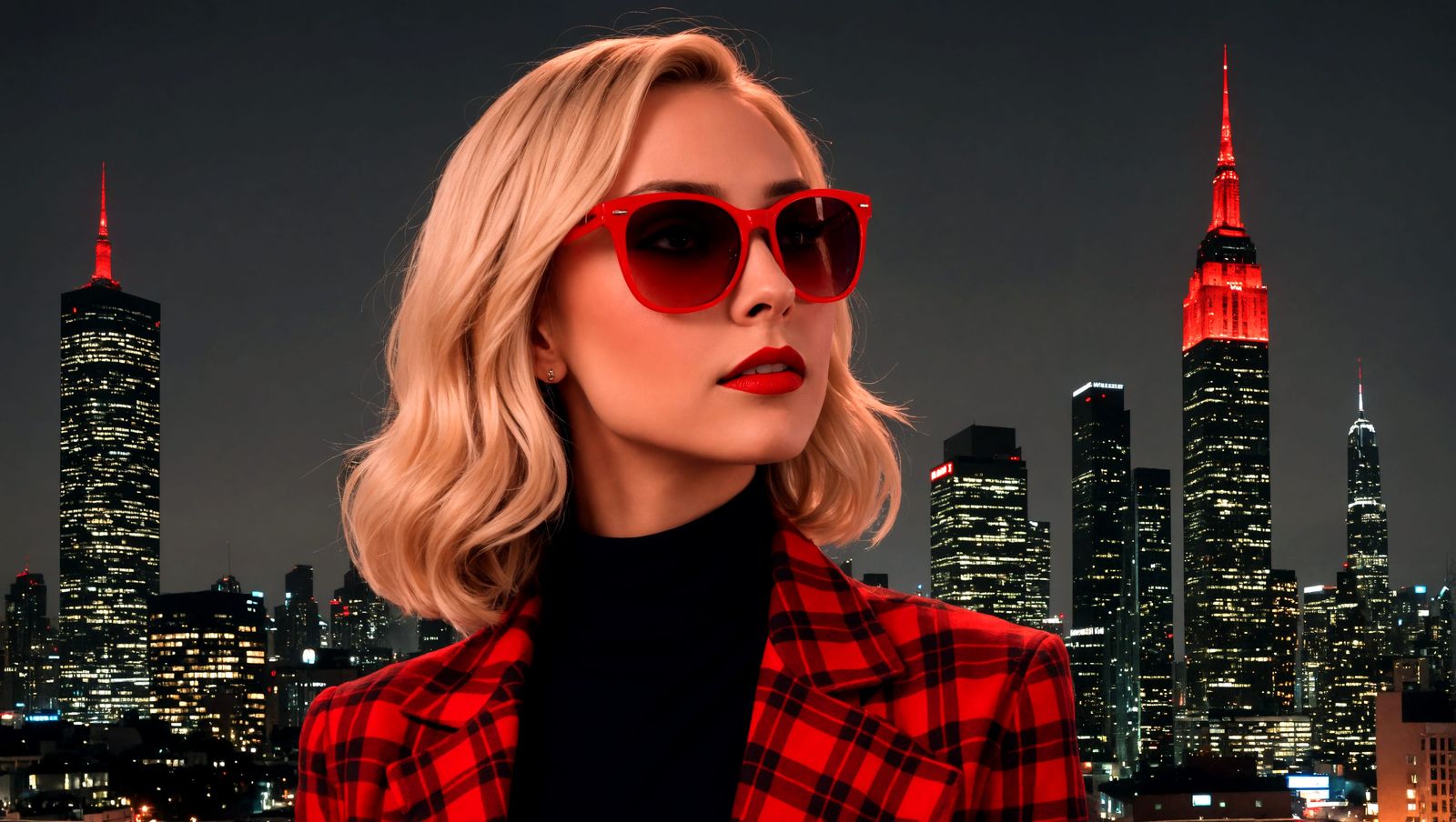 Glasses in a Night Cityscape with Neon Buildings