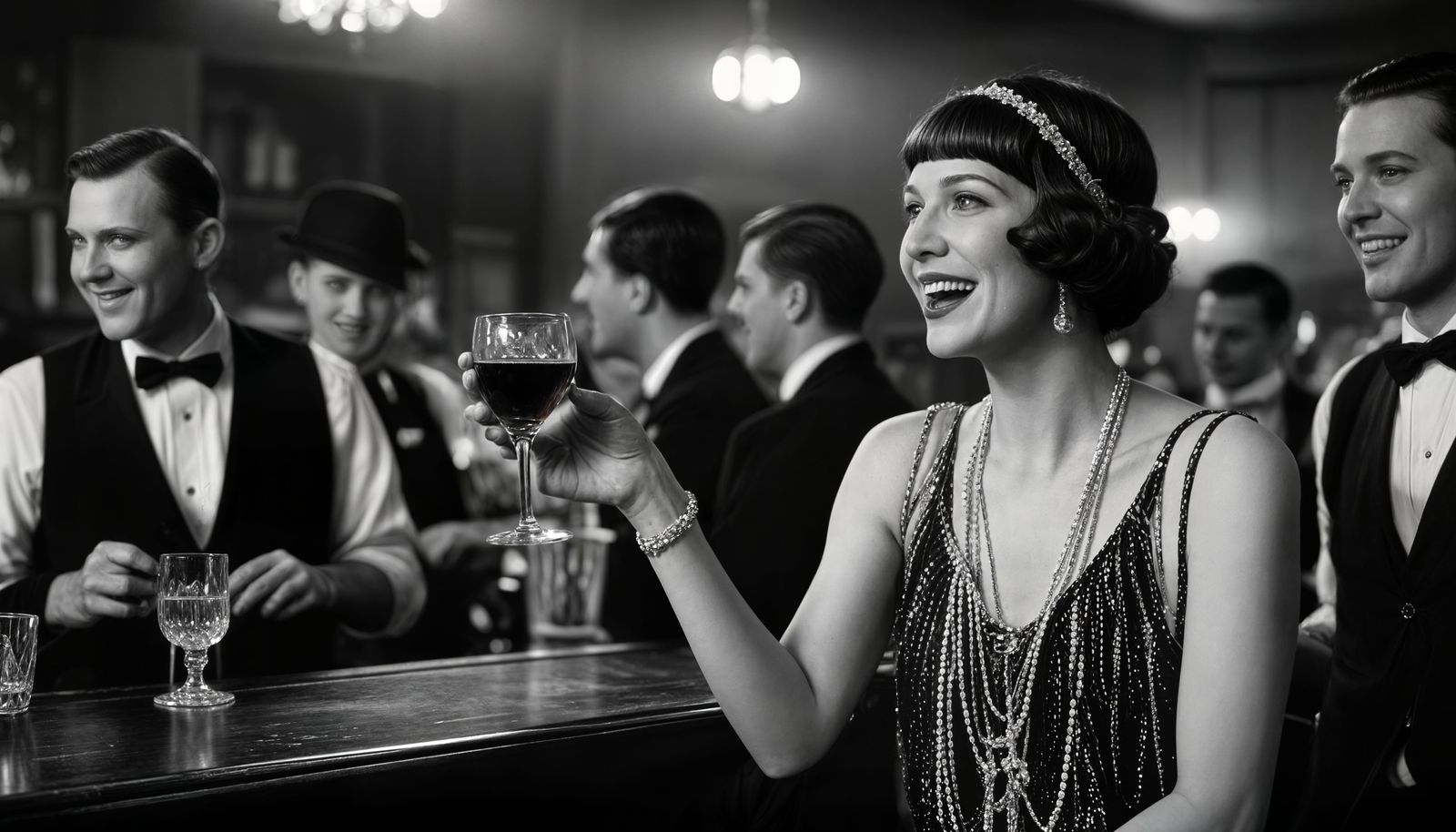 Joyful Flapper in Roaring 20s Speakeasy
