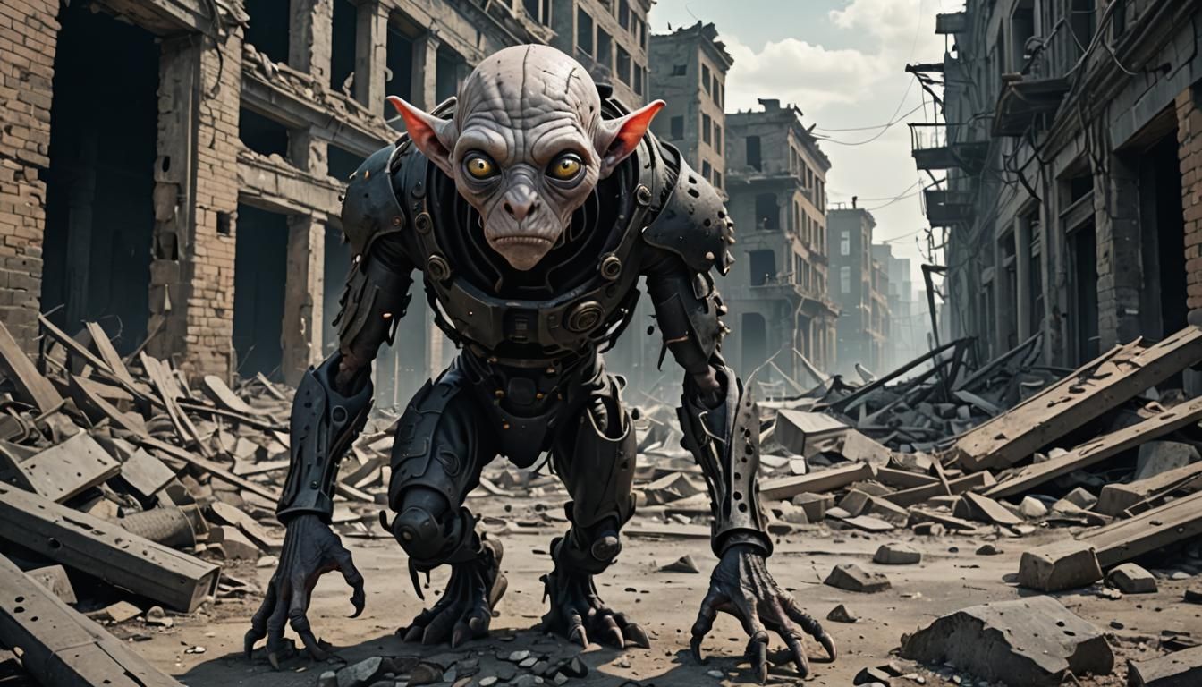 Lovecraftian Creature in Post-Apocalyptic City Ruins