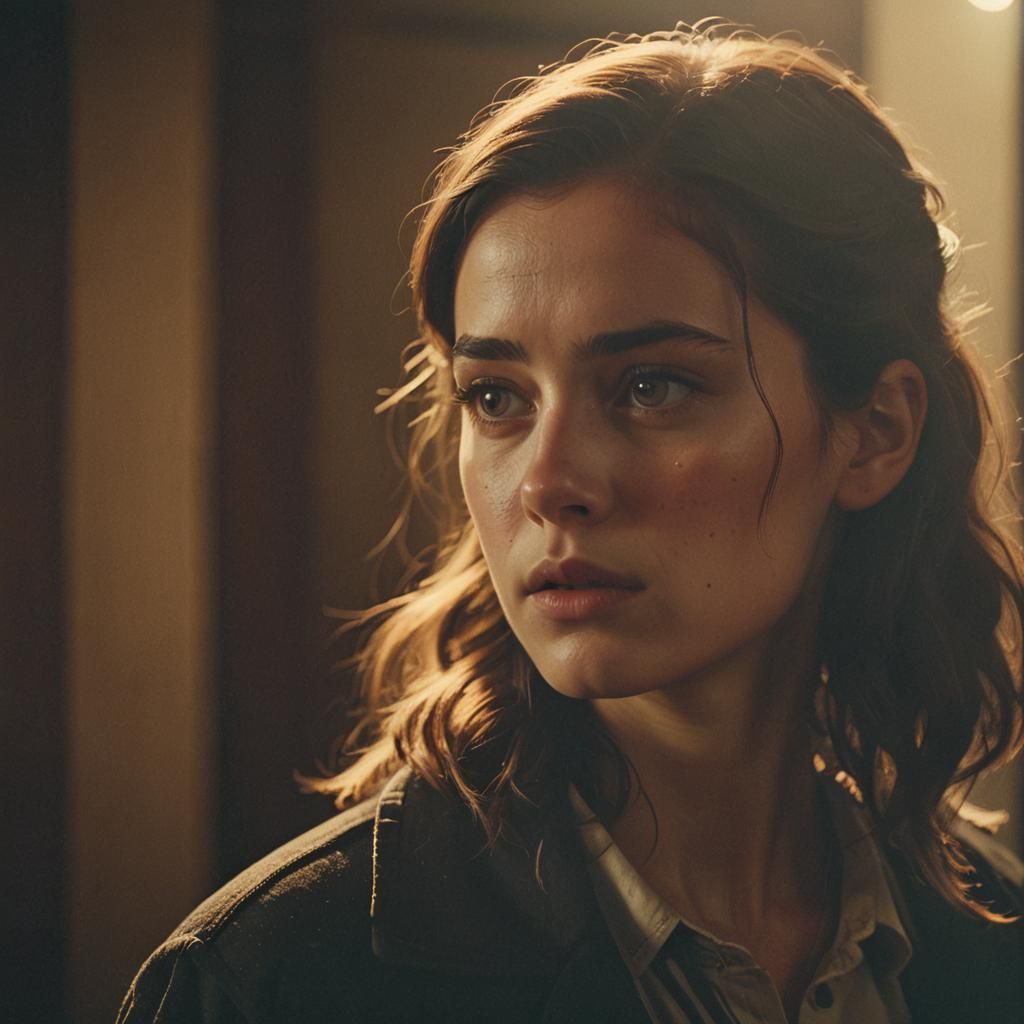 A Young Woman's Nervous Glance in a Dark Cinematic Scene