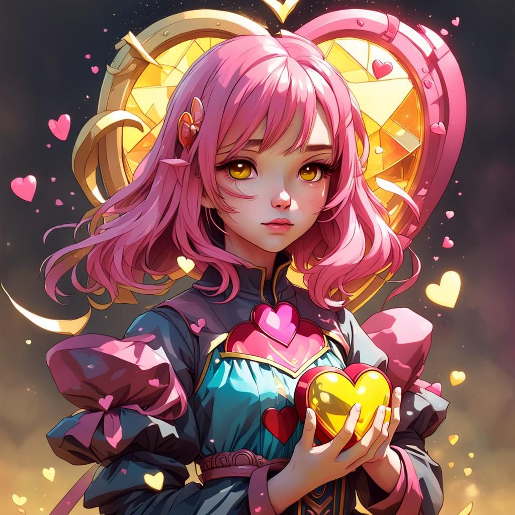 Girl Holding Heart, Kawaii Style Portrait