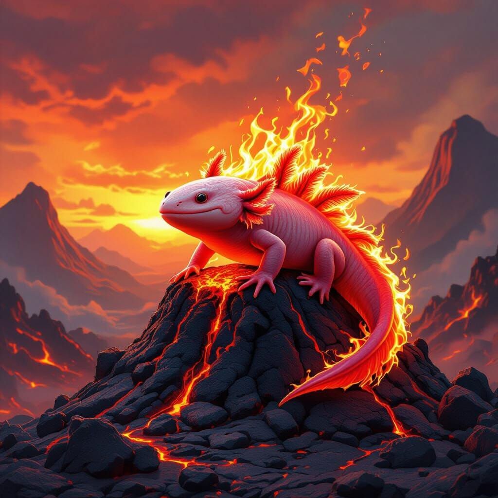 Fiery Red Axolotl on Lava Volcano Digital Painting