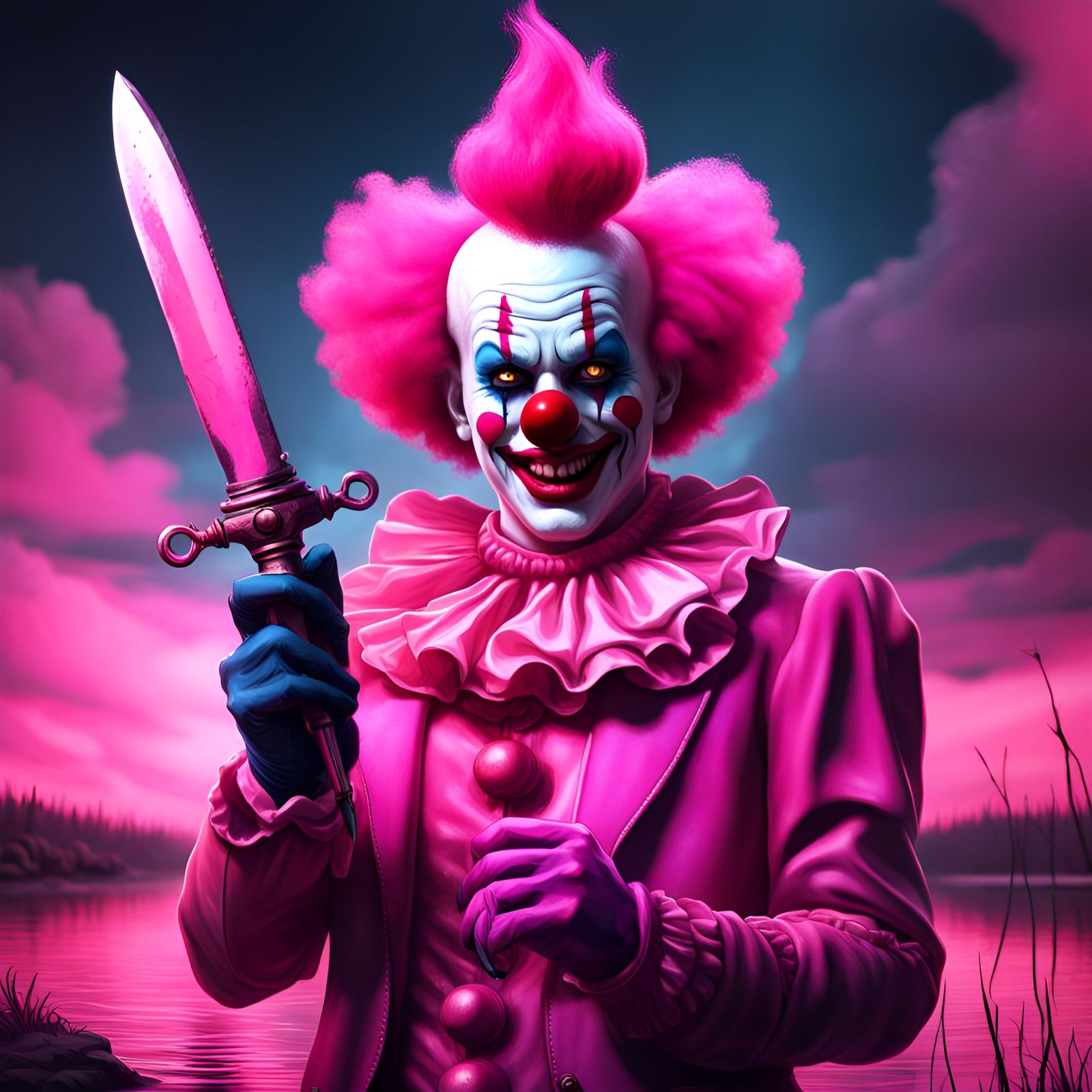 Pink Clown with Dagger: Halloween Horror Art