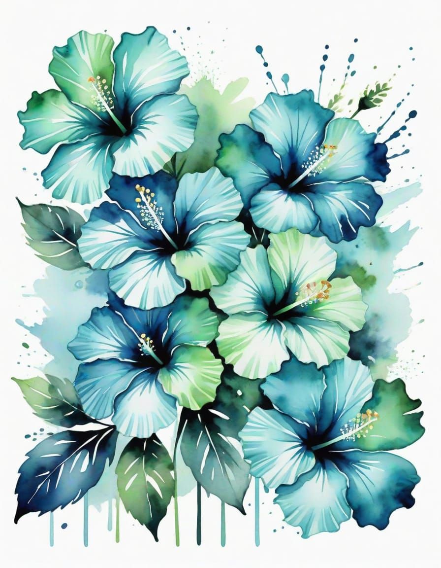 Monochrome Hibiscus Flowers in Watercolor Splash Art