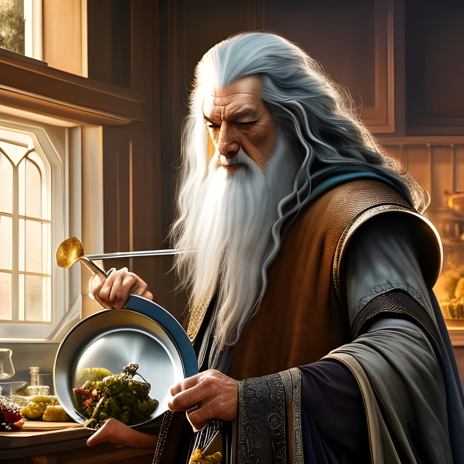 Gandalf in Kitchen: Rococo Hyperdetailed Close-up