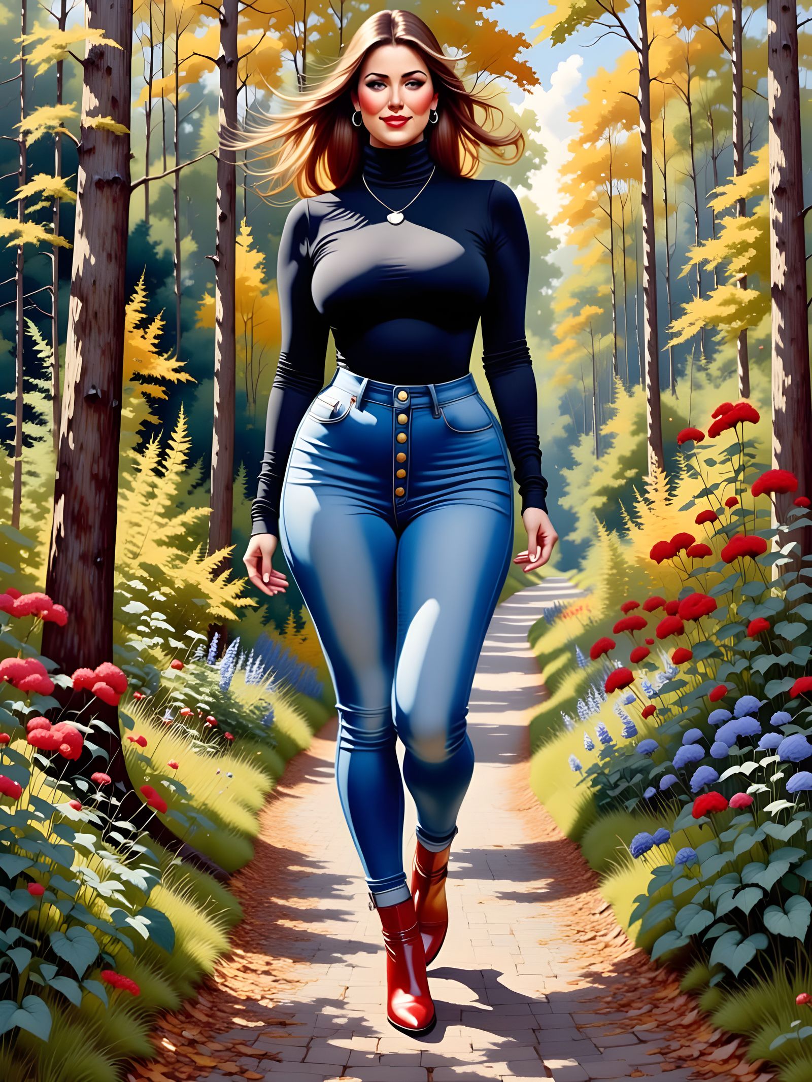 Woman in Garden: Detailed Oil Painting with Ink Accents