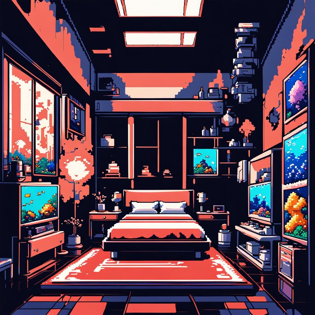 8-Bit Pixel Art Bedroom with Aquarium