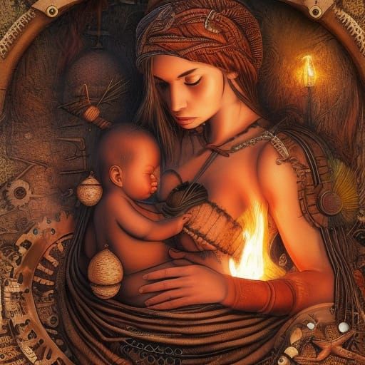 Steampunk Tribal Woman Breastfeeding Baby by Fire