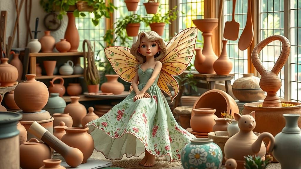 Whimsical Fairy Surrounded by Clay Sculptures