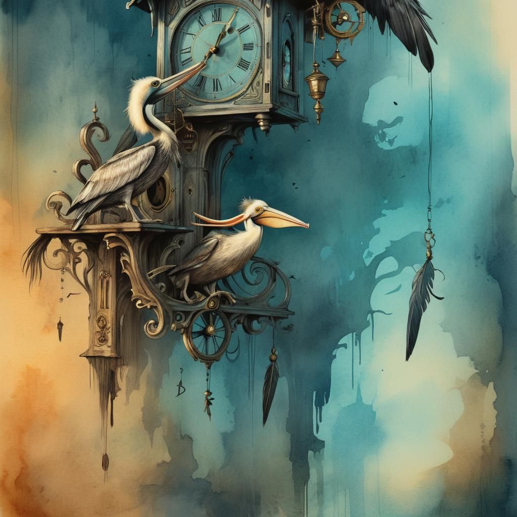 Pelican in Cuckoo Clock: Surreal Ink Illustration